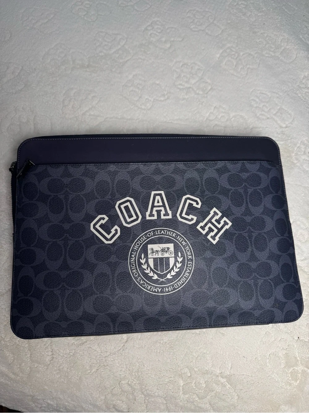Coach Navy and Black Signature Laptop Sleeve with Logo Crest